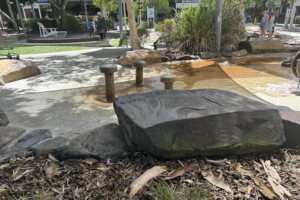 Rock and water play at The Backyard at Westfield Coomera.