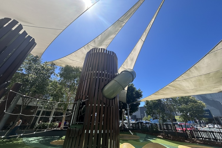 Play tower and slide at The Backyard at Westfield Coomera.