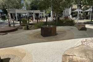 A water bubbler in the water play area at The Backyard at Westfield Coomera.
