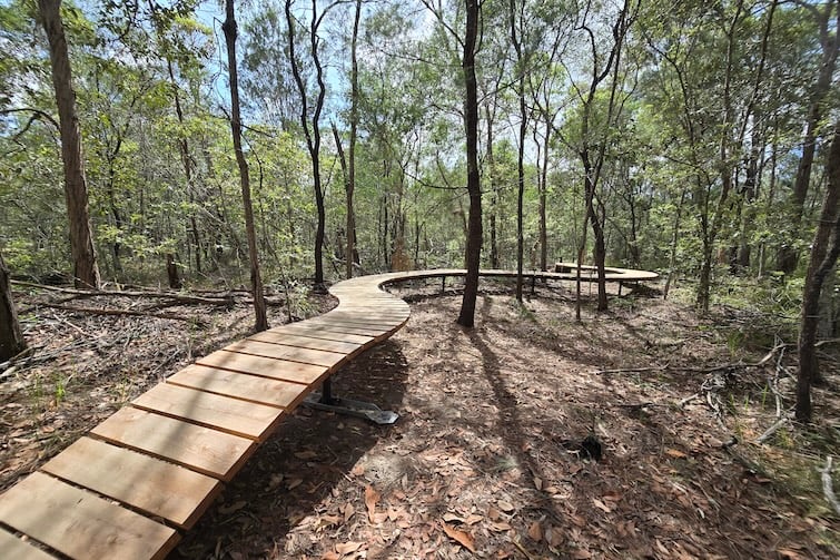 Wooden boardwalk at Lagoon Road Mountain Bike Trail in Burpengary.