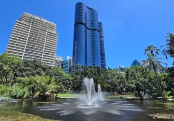 Water fountain in pond with city skyline in background at Brisbane City Botanic Gardens.