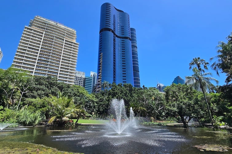 Water fountain in pond with city skyline in background at Brisbane City Botanic Gardens.