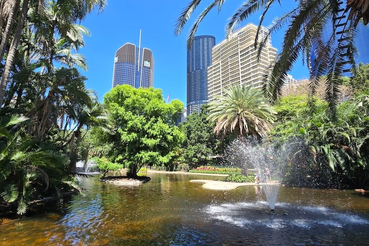 Pond, fountains and city skyline at Brisbane City Botanic Gardens.