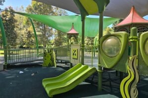Dual toddler slides at Brisbane City Botanic Gardens playground.