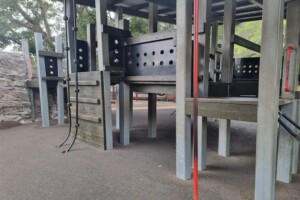 Wooden fort with climbing poles at Rocks Riverside Park.