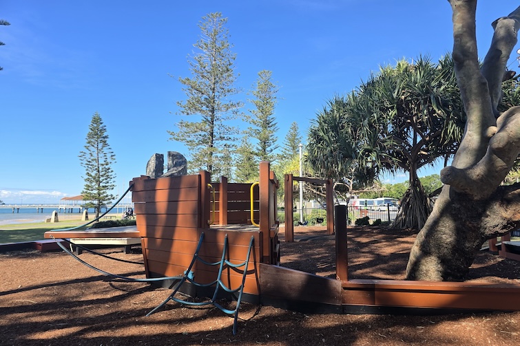 Boat structure and climbing ladder at Rotary Park (Amity Playground) in Redcliffe.