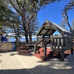 Wooden boardwalk and fort at Rotary Park (Amity Playground) in Redcliffe.