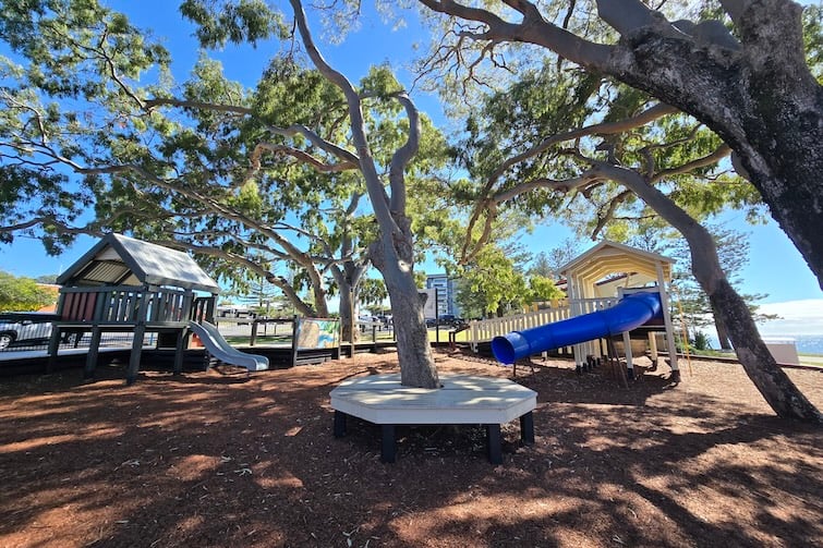 Shady playground at Rotary Park (Amity Playground) in Redcliffe.