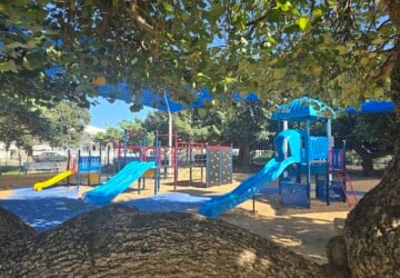 Playground under the trees at Arthur Davis Park.