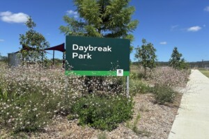 Daybreak Park sign.