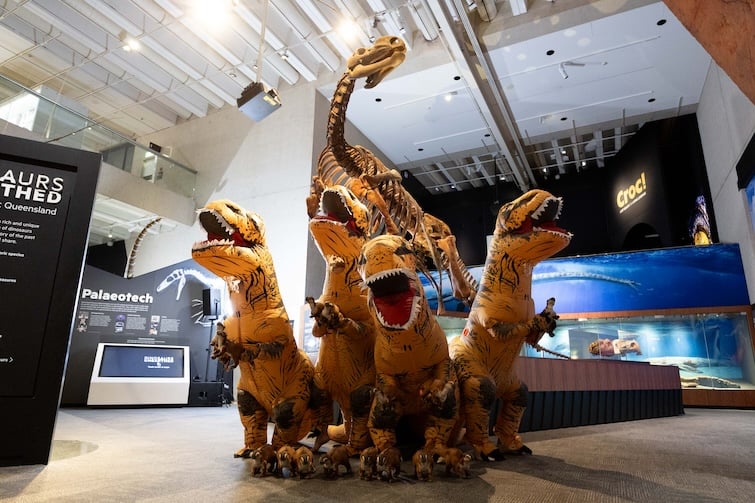 Inflatable dinosaurs at Queensland Museum Kurilpa for the launch of Dinosaur Week.