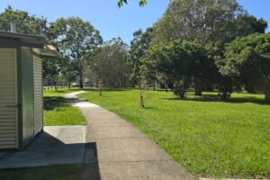 Pathway and green grass at Harold Kielly Park.