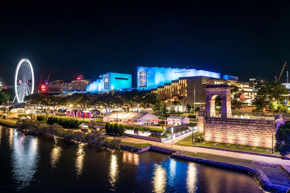 Night view of Brisbane QPAC attraction.