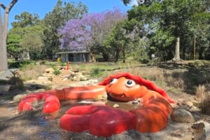 Orange crab sculpture at Colmslie Beach Reserve.