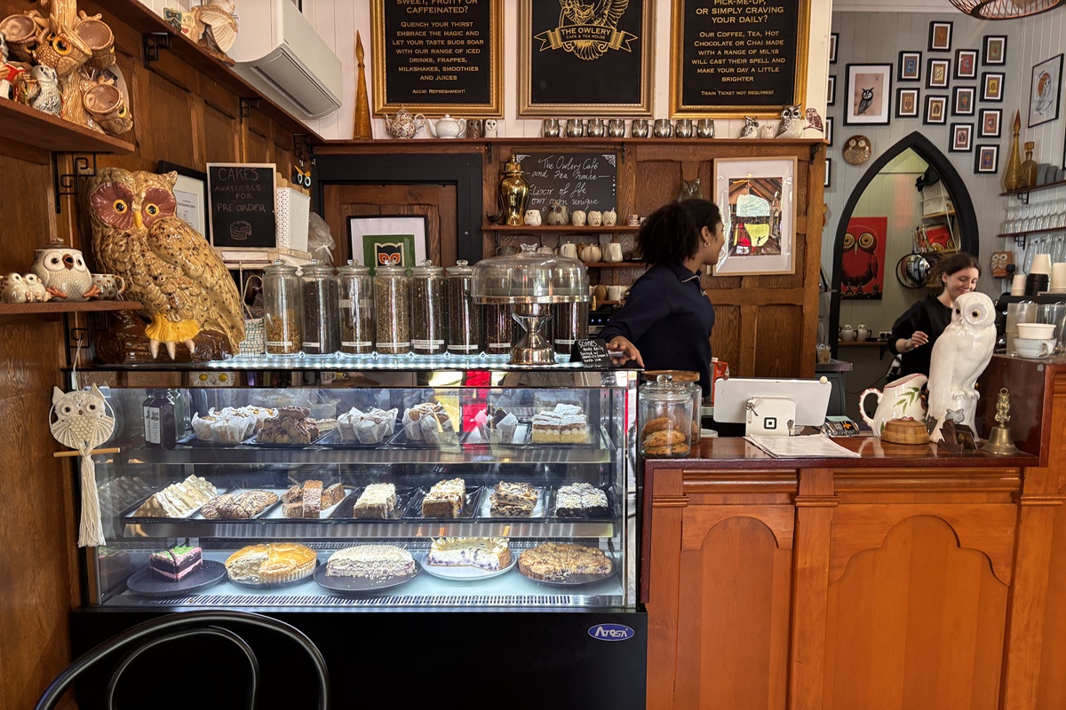 the owlery cafe interior with cakes and owl decorations.