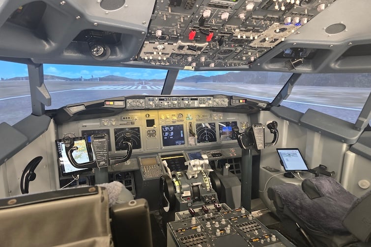 Inside the cockpit of the flight simulator at Queensland Air Museum, Caloundra.