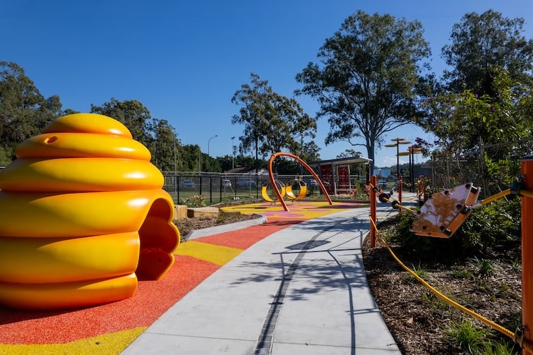Bee hive play hut at The Hills All Abilities Park at Leslie Patrick Park.