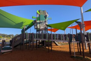 Shade sails covering play fort at Thistle Place Park, Palmview.