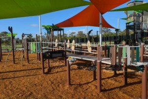 Fort and play panels at Thistle Place Park, Palmview.