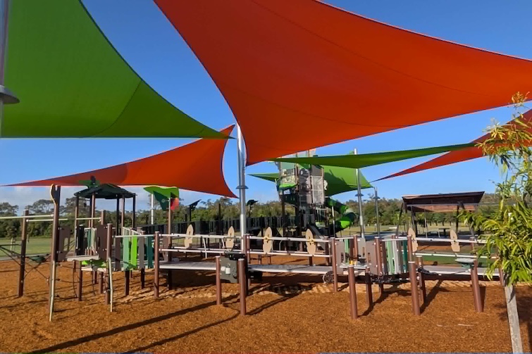 Shade sails covering play fort at Thistle Place Park, Palmview.
