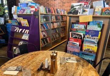 Book shelves and a table at Chapters Book Shop Cafe, Karalee.