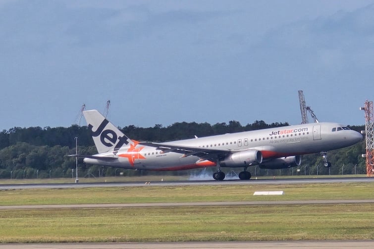Jetstar plane landing at Brisbane Airport.
